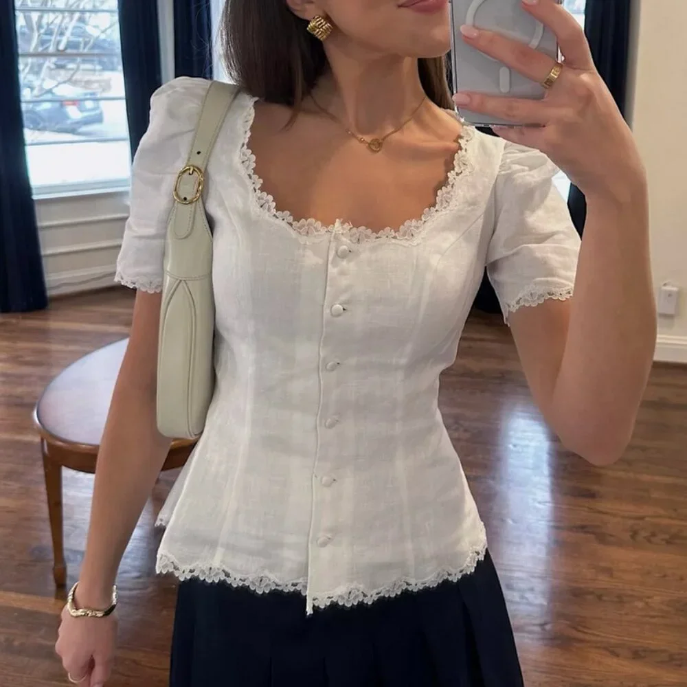 BEST Reformation Anabella Linen Top Sz0 White Ivory Blouse Lace French